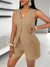 2025 New Women Fashion Casual Set Of 2 Pieces Summer Top Button Elegant Solid Office Holiday Short Pant Suit Womens Clothing