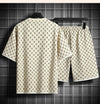 2025 Summer New Fashion Trend Men's Casual Relaxed Comfortable High Quality Plus-Size Two-Piece Sets M-5XL Checkered Sports Suit