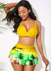 Sexy Ruffled Swimsuit Women Push Up Hollow Out Cross Bikini Set Women Maple Print Beach Bathing Suit Skirt Swimwear Plus Size