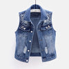 Denim Women Vest Luxury Pearls Fashion Ripped Autumn Jeans Jacket New Causal Waistcoats S-5XL