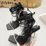 Eilyken New Design Womens Sandals Fashion Fuzzy Feather Summer Transparent High Heels Sexy Nightclub Stripper Shoes Purple Green