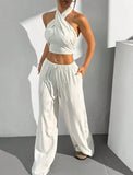 Women's Clothing Summer Casual Solid Color 2 Piece Set New Backless Cross-chest Wrapping Sexy Tank Top & Wide-leg Trousers Pants