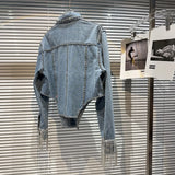 Chic Rhinestoness Tassels Beaded Denim Coat Bareback Diamonds Fringed Jeans Jacket Crystal Cardigan Streetwear Jaquetas