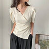 Women Blouse 2025 Spring Summer Solid Tucked V Neck Slim Blouse Elegant Short Sleeve Asymmetrical Top For Women Hot Sale