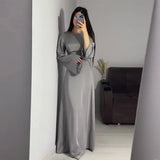 Women Clothing Lady Solid Satin Dress with Belt Femle Long Sleeve Elegant Long Dresses Partywear robes longues