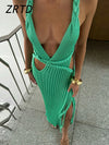 Green Knit Hollow Out Beach Long Dress Women Sexy Halter Backless Sleeveless Split Party Dresses 2025 Summer Lady Holiday Robe
