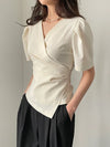 Women Blouse 2025 Spring Summer Solid Tucked V Neck Slim Blouse Elegant Short Sleeve Asymmetrical Top For Women Hot Sale