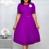 New Plus size women's Summer Style Elegant Ladies  fashion short sleeve pleated high waist Dresses ladies  dress for women