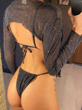 3 PCS With Long Sleeves Cover Bling Bikini Female Swimsuit Women Swimwear Three-pieces Bikini set Bather Bathing Suit Swim V3711