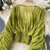 Women Blouse Sexy Deep V Neck Tops Full Puff Sleeve Tight Waist Top Shirts Slim Fit Blouses Elegant Splice Pleated Shirt