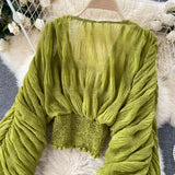 Women Blouse Sexy Deep V Neck Tops Full Puff Sleeve Tight Waist Top Shirts Slim Fit Blouses Elegant Splice Pleated Shirt