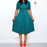 New Plus size women's Summer Style Elegant Ladies  fashion short sleeve pleated high waist Dresses ladies  dress for women