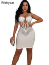 Elegant Evening Birthday Party Dresses for Women Halter Neck Mesh Patchwork Diamonds Rhinestones Prom Club Bodycon Midi Vestidos
