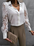 Women's Blouse White blank Elegant V-neck Lace Sleeve Cut-out Patchwork Office Commuter Black Shirt  For Female  S-XXL