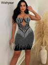 Elegant Evening Birthday Party Dresses for Women Halter Neck Mesh Patchwork Diamonds Rhinestones Prom Club Bodycon Midi Vestidos