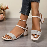 Summer Women Sandals New Elegant Square Heel Rhinestone Women Shoes Plus Big Fashion Comfortable High Heels Sandals