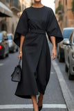 2025 Women's Clothing Fashion Black Dress Temperament Elegant Casual Waist-closing Maxi Bat Sleeve Dresses For Women Robe Femel