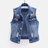 Denim Women Vest Luxury Pearls Fashion Ripped Autumn Jeans Jacket New Causal Waistcoats S-5XL