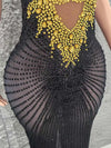 Shinning Golden Crystal Women Sleeveless Sexy Mesh See Through Bodycon Long Dress Celebrate Nightclub Party Birthday Dress