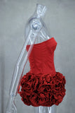 Women Sexy Red 3D Flowers Dress Sets Y2K Fishbone Bandage Adjustable Tube Top Flower Mini Skirt Suit High Street Women Outfits
