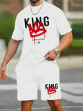 New Men's Short Sleeve Shorts Set Fashion King Printed T-Shirt Shorts 2 Sets of Casual Round Neck Jumper Breathable Sportswear