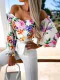 Elegant Floral Blouses For Women Sexy Backless Off Shoulder Crop Top Youth White Blouse Fashion Summer Women Clothing 2024