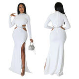 Female Autumn Winter Long Maxi Dress Cutout Waist High Side Split Long Sleeve Dresses Vestidos Sexy Elegant Party Clubwear