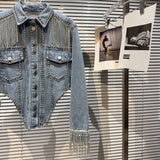 Chic Rhinestoness Tassels Beaded Denim Coat Bareback Diamonds Fringed Jeans Jacket Crystal Cardigan Streetwear Jaquetas
