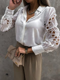 Women's Blouse White blank Elegant V-neck Lace Sleeve Cut-out Patchwork Office Commuter Black Shirt  For Female  S-XXL