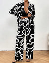 Women Clothing 2024 Autumn New Fashion Print Set Casual Button Collar Shirt Long Sleeved Wide Leg Pants Long Pants Two-piece Set