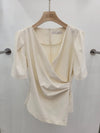 Women Blouse 2025 Spring Summer Solid Tucked V Neck Slim Blouse Elegant Short Sleeve Asymmetrical Top For Women Hot Sale