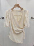 Women Blouse 2025 Spring Summer Solid Tucked V Neck Slim Blouse Elegant Short Sleeve Asymmetrical Top For Women Hot Sale