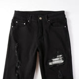 Trendy High Street Ripped Silver Patch Stretch-trim High-street Small-foot Jeans Men