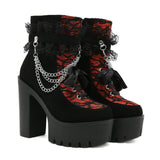 Gdgydh Vintage Gothic Lace Ankle Boots for Women Chunky Heel Side Zipper with Chain Detail Platform Goth Boots High Heels