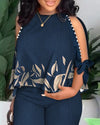 Plus size Two Piece Sets Women Outfit Summer Fashion Plants Print Split Sleeve O-Neck Top Straight Leg Pants Set Streetwear