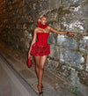 Women Sexy Red 3D Flowers Dress Sets Y2K Fishbone Bandage Adjustable Tube Top Flower Mini Skirt Suit High Street Women Outfits
