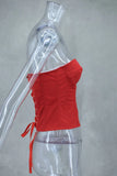 Women Sexy Red 3D Flowers Dress Sets Y2K Fishbone Bandage Adjustable Tube Top Flower Mini Skirt Suit High Street Women Outfits