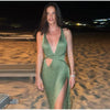 Green Knit Hollow Out Beach Long Dress Women Sexy Halter Backless Sleeveless Split Party Dresses 2025 Summer Lady Holiday Robe