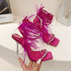 Eilyken New Design Womens Sandals Fashion Fuzzy Feather Summer Transparent High Heels Sexy Nightclub Stripper Shoes Purple Green