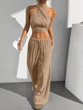 Women's Clothing Summer Casual Solid Color 2 Piece Set New Backless Cross-chest Wrapping Sexy Tank Top & Wide-leg Trousers Pants