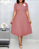 New Plus size women's Summer Style Elegant Ladies  fashion short sleeve pleated high waist Dresses ladies  dress for women