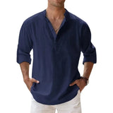 New Men Casual Shirts Lightweight Long Sleeve Henley Cotton Shirts for Beach Linen Shirts Hawaiian Breathable Collar Tops