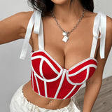Woman Clothing Top Women T-shirt Tank Top Female Clothes Tops Tanks Camis Crop Top Y2K Sexy Ribbon Tie-Up Fishbone Camisole