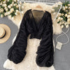 Women Blouse Sexy Deep V Neck Tops Full Puff Sleeve Tight Waist Top Shirts Slim Fit Blouses Elegant Splice Pleated Shirt