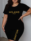 Plus Size Women 2 Piece Set Short Sleeve T-shirt and Shorts Elastic Summer Fashion MILANO Print Oversize Two Piece Outfits