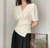 Women Blouse 2025 Spring Summer Solid Tucked V Neck Slim Blouse Elegant Short Sleeve Asymmetrical Top For Women Hot Sale