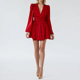 Elegant Women's Red Dresses 2024 Autumn New  Dress V-neck Sexy Short Skirts Parti Elbiseleri Kleider Damen Vestidos Para Festas