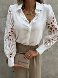 Women's Blouse White blank Elegant V-neck Lace Sleeve Cut-out Patchwork Office Commuter Black Shirt  For Female  S-XXL