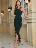 Women's Formal Evening Dress Bodycon Ruffle Hem Mermaid Split Cocktail Long Dresses Elegant Wedding Guest Dress