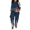 Plus size Two Piece Sets Women Outfit Summer Fashion Plants Print Split Sleeve O-Neck Top Straight Leg Pants Set Streetwear